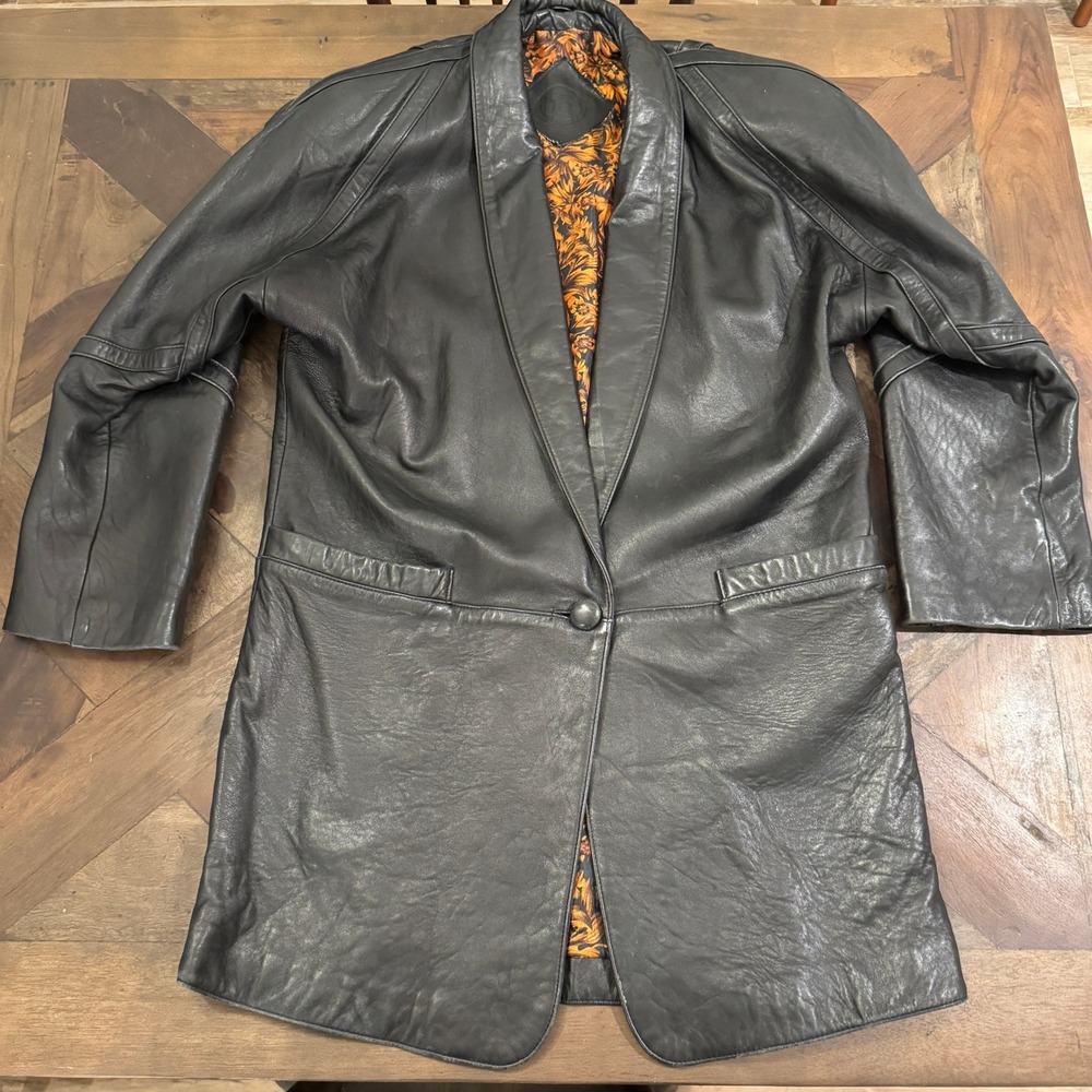 Vintage Black Leather Longline Blazer Jacket Floral Paisley Lining‎ Shawl Lapel